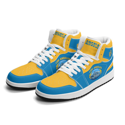 Los Angeles football-inspired Jamrock High top sneakers in aqua and gold with LA monogram collar and skyline artwork inside a football