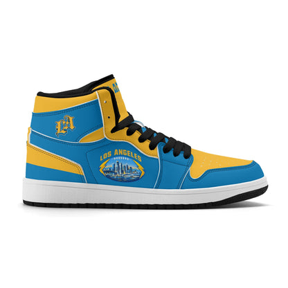 Los Angeles football-inspired Jamrock High top sneakers in aqua and gold with LA monogram collar and skyline artwork inside a football