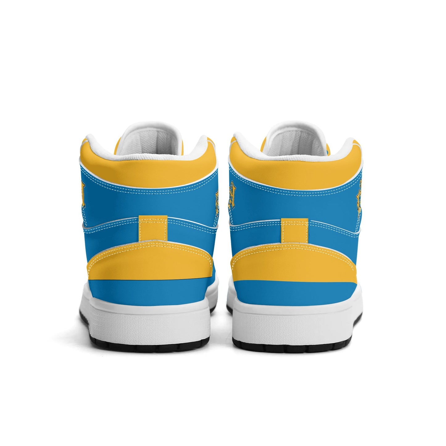 Los Angeles football-inspired Jamrock High top sneakers in aqua and gold with LA monogram collar and skyline artwork inside a football