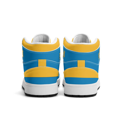 Los Angeles football-inspired Jamrock High top sneakers in aqua and gold with LA monogram collar and skyline artwork inside a football