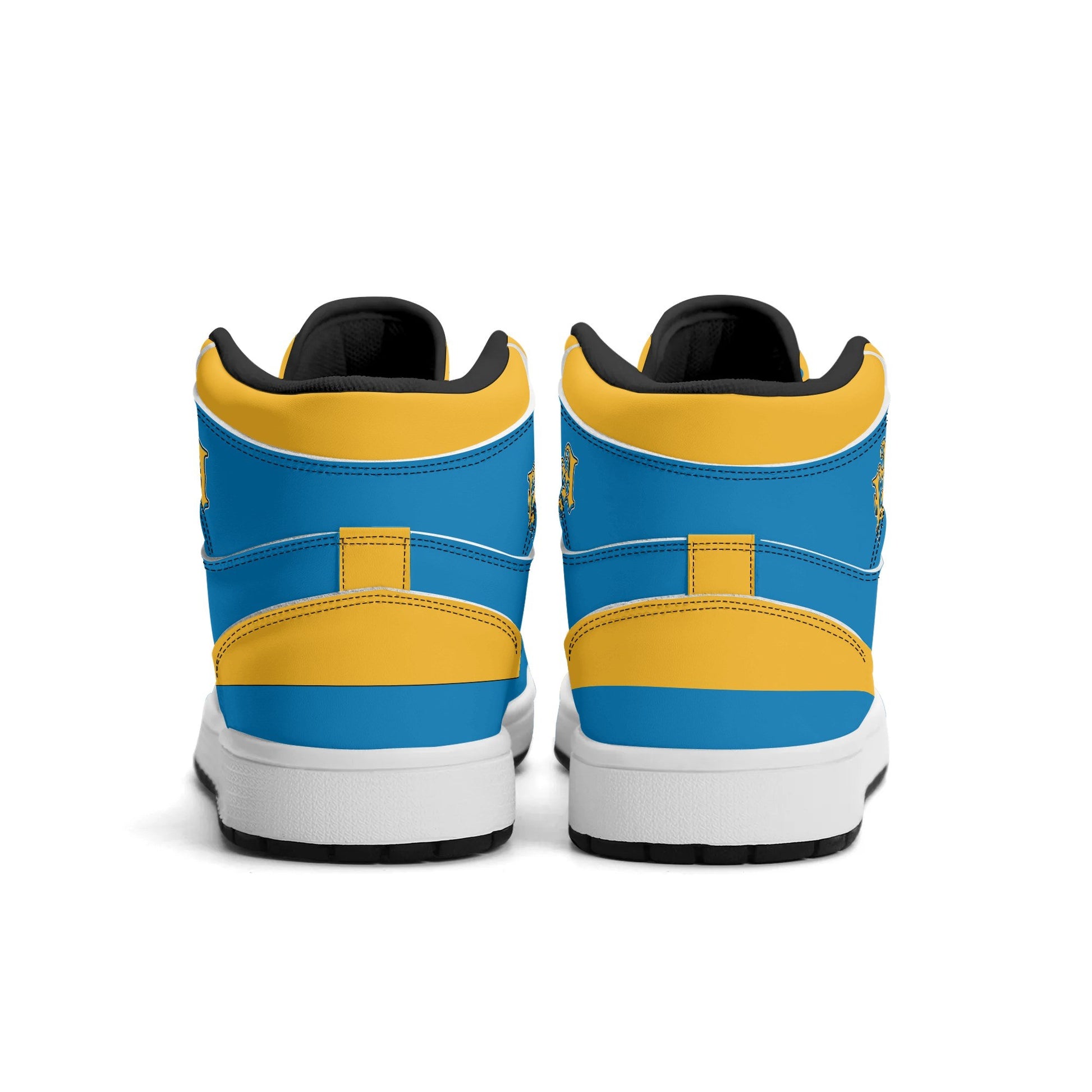 Los Angeles football-inspired Jamrock High top sneakers in aqua and gold with LA monogram collar and skyline artwork inside a football