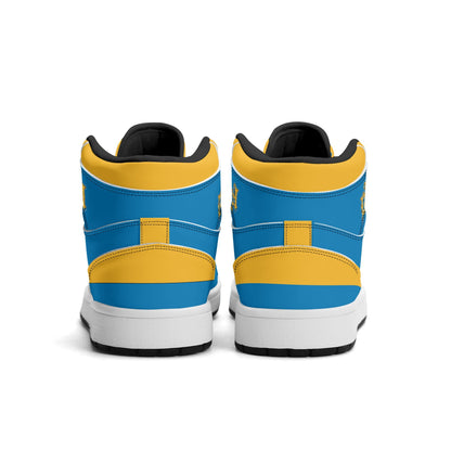 Los Angeles football-inspired Jamrock High top sneakers in aqua and gold with LA monogram collar and skyline artwork inside a football