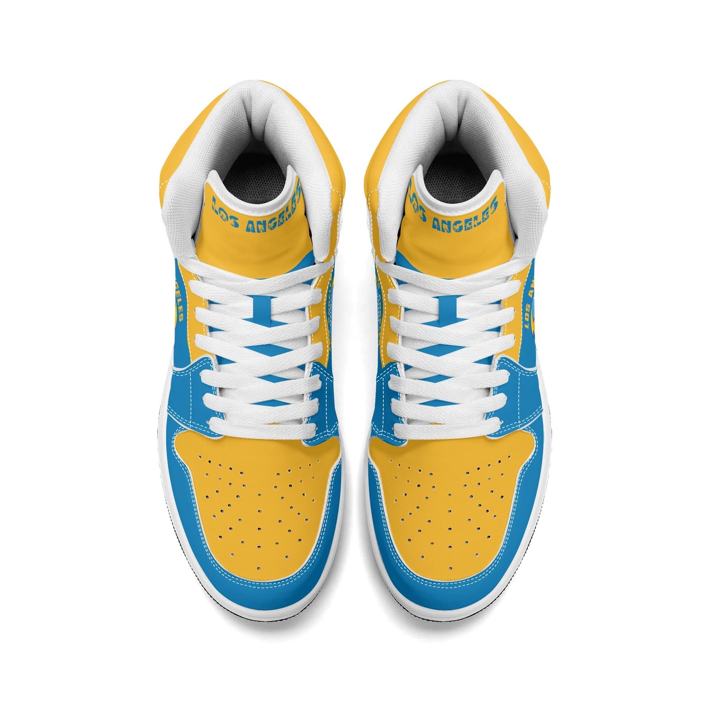 Los Angeles football-inspired Jamrock High top sneakers in aqua and gold with LA monogram collar and skyline artwork inside a football