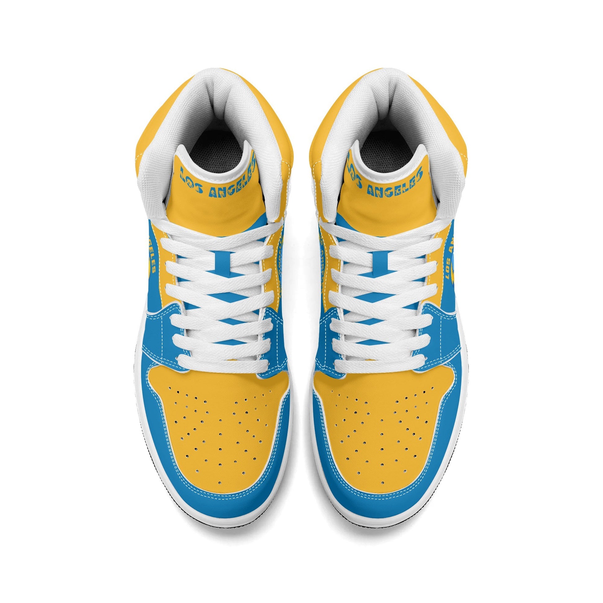 Los Angeles football-inspired Jamrock High top sneakers in aqua and gold with LA monogram collar and skyline artwork inside a football