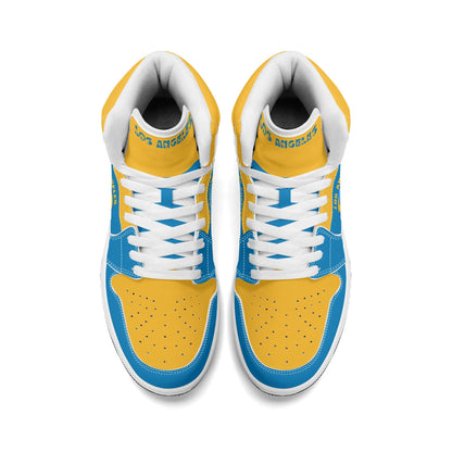 Los Angeles football-inspired Jamrock High top sneakers in aqua and gold with LA monogram collar and skyline artwork inside a football