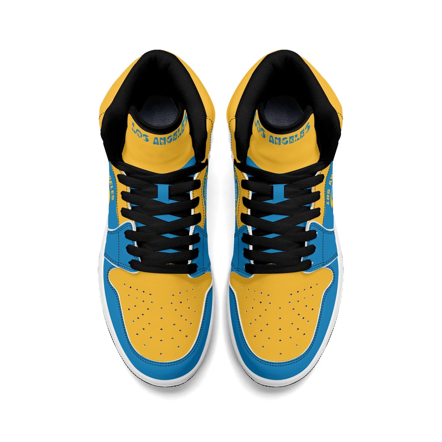 Los Angeles football-inspired Jamrock High top sneakers in aqua and gold with LA monogram collar and skyline artwork inside a football