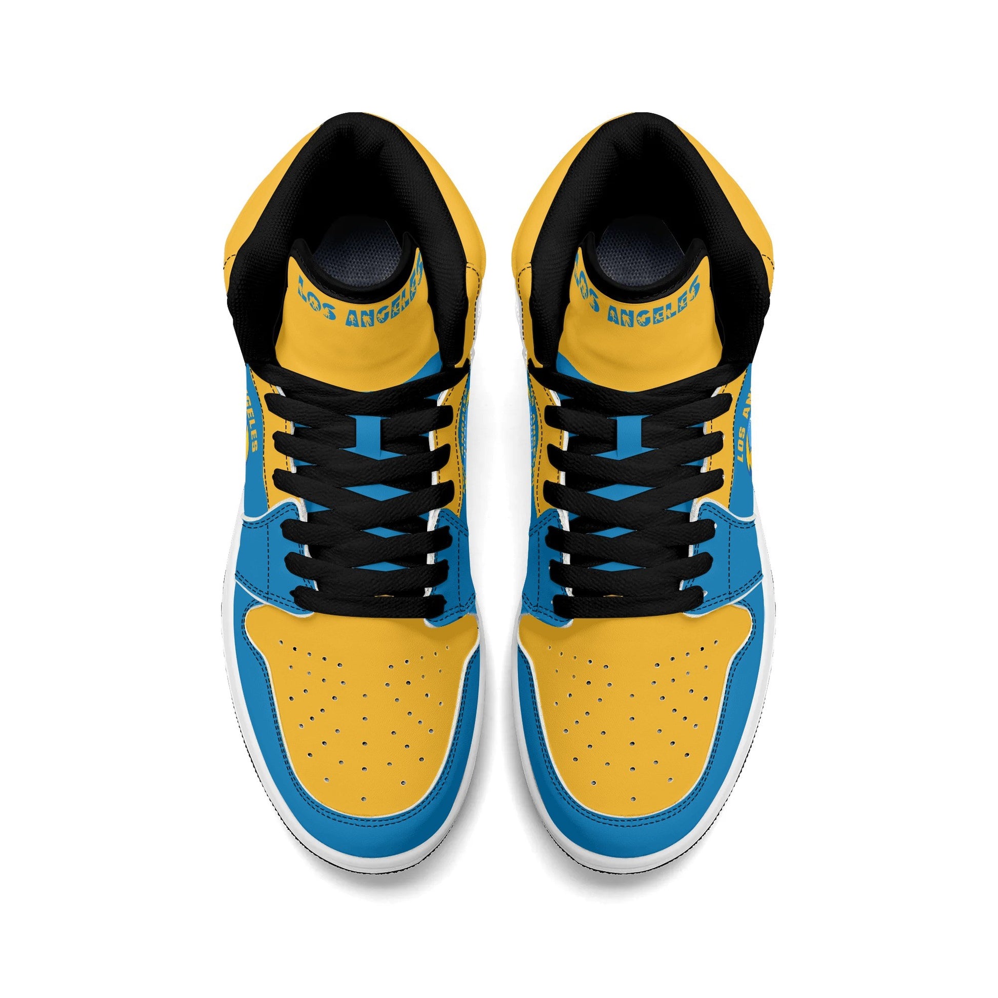 Los Angeles football-inspired Jamrock High top sneakers in aqua and gold with LA monogram collar and skyline artwork inside a football