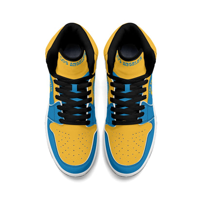 Los Angeles football-inspired Jamrock High top sneakers in aqua and gold with LA monogram collar and skyline artwork inside a football