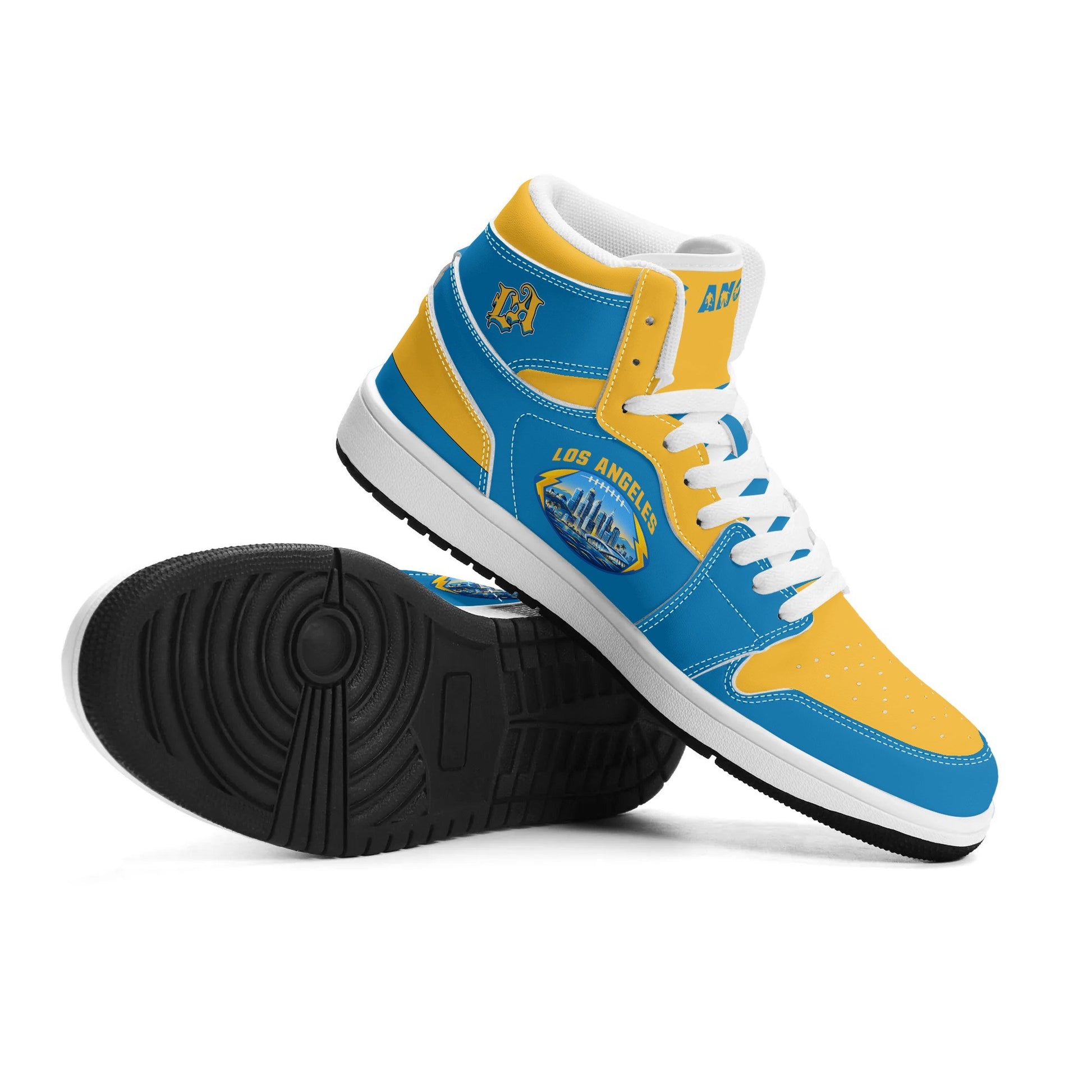 Los Angeles football-inspired Jamrock High top sneakers in aqua and gold with LA monogram collar and skyline artwork inside a football