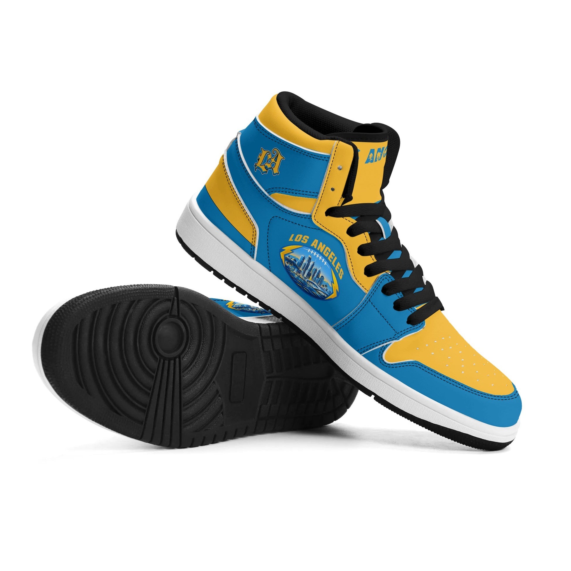 Los Angeles football-inspired Jamrock High top sneakers in aqua and gold with LA monogram collar and skyline artwork inside a football