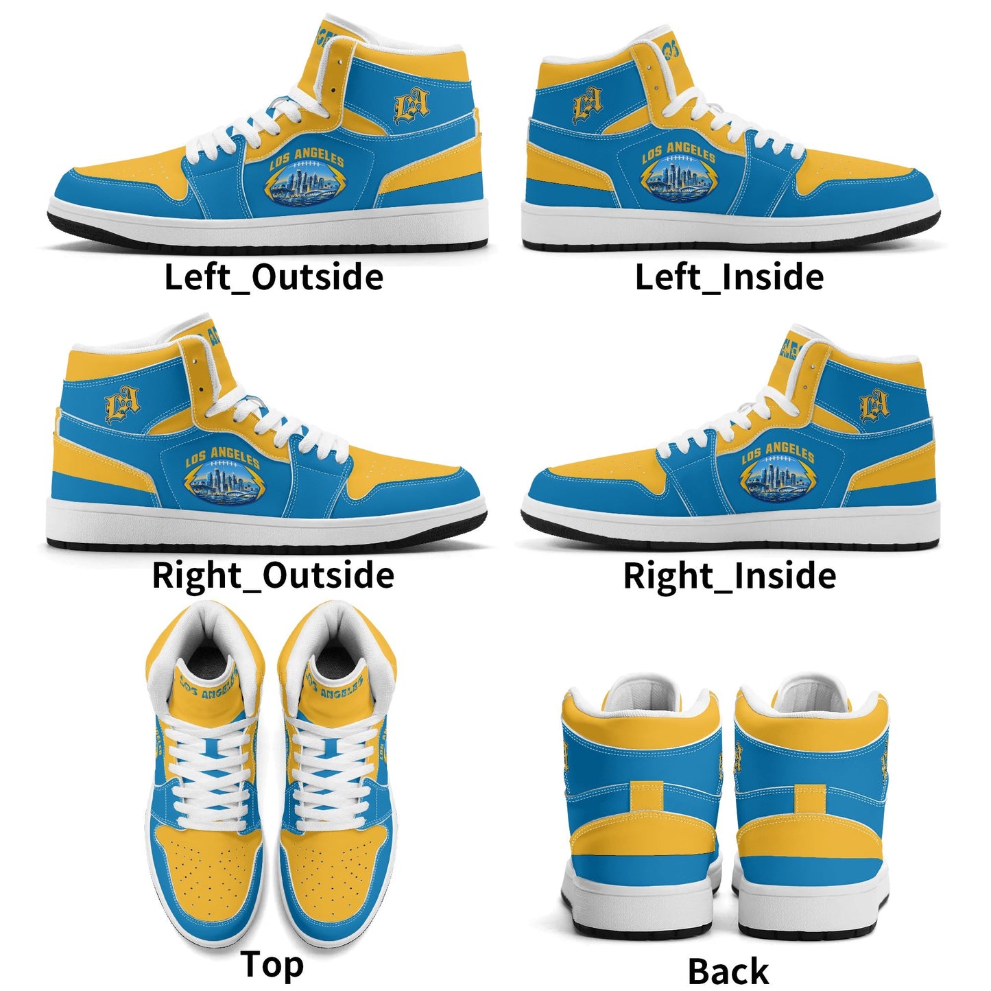 Los Angeles football-inspired Jamrock High top sneakers in aqua and gold with LA monogram collar and skyline artwork inside a football