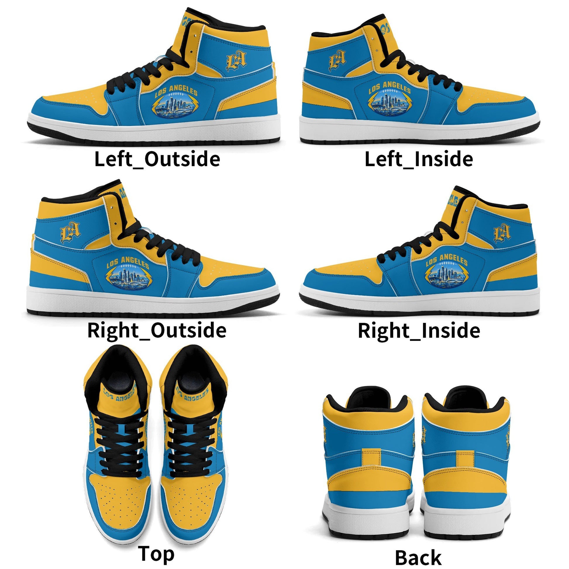 Los Angeles football-inspired Jamrock High top sneakers in aqua and gold with LA monogram collar and skyline artwork inside a football
