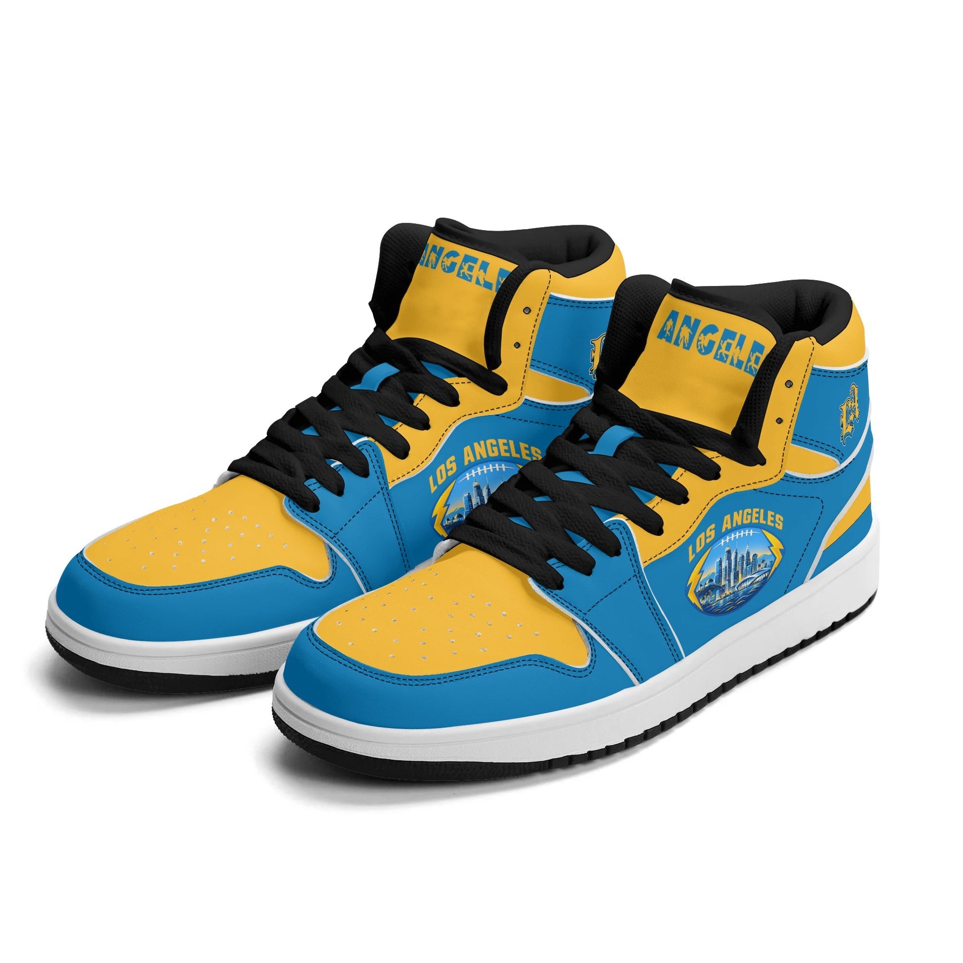 Los Angeles football-inspired Jamrock High top sneakers in aqua and gold with LA monogram collar and skyline artwork inside a football