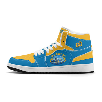 Los Angeles football-inspired Jamrock High top sneakers in aqua and gold with LA monogram collar and skyline artwork inside a football