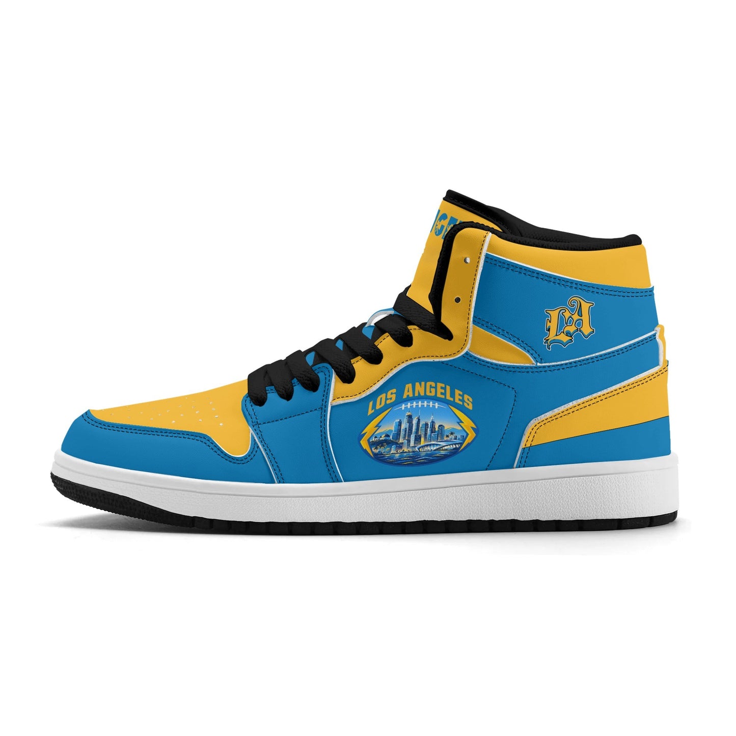Los Angeles football-inspired Jamrock High top sneakers in aqua and gold with LA monogram collar and skyline artwork inside a football