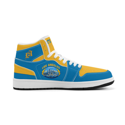 Los Angeles football-inspired Jamrock High top sneakers in aqua and gold with LA monogram collar and skyline artwork inside a football