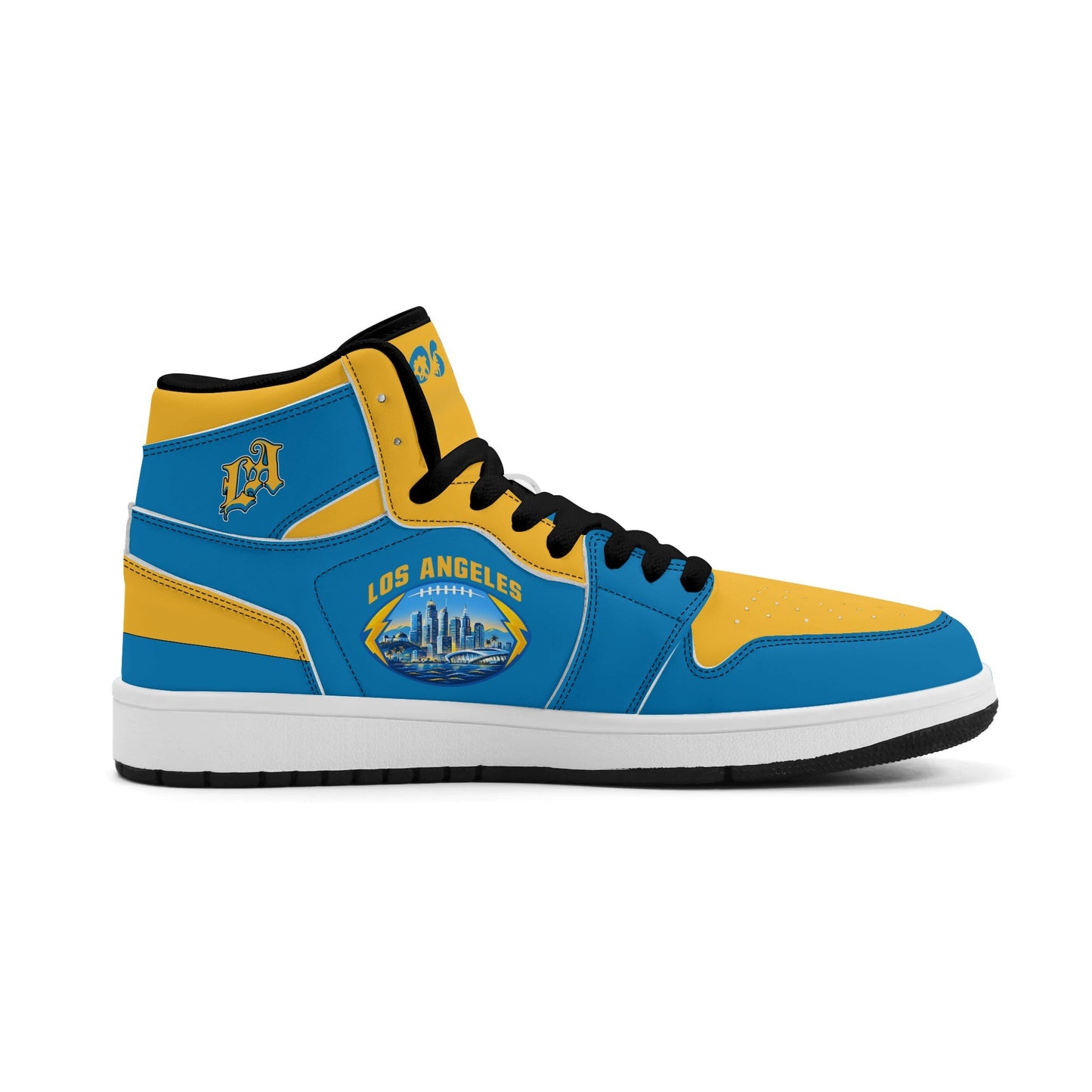 Los Angeles football-inspired Jamrock High top sneakers in aqua and gold with LA monogram collar and skyline artwork inside a football