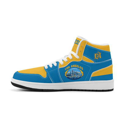 Los Angeles football-inspired Jamrock High top sneakers in aqua and gold with LA monogram collar and skyline artwork inside a football