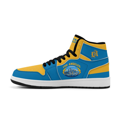 Los Angeles football-inspired Jamrock High top sneakers in aqua and gold with LA monogram collar and skyline artwork inside a football