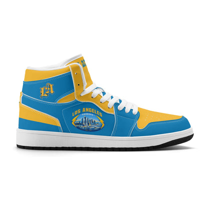 Los Angeles football-inspired Jamrock High top sneakers in aqua and gold with LA monogram collar and skyline artwork inside a football