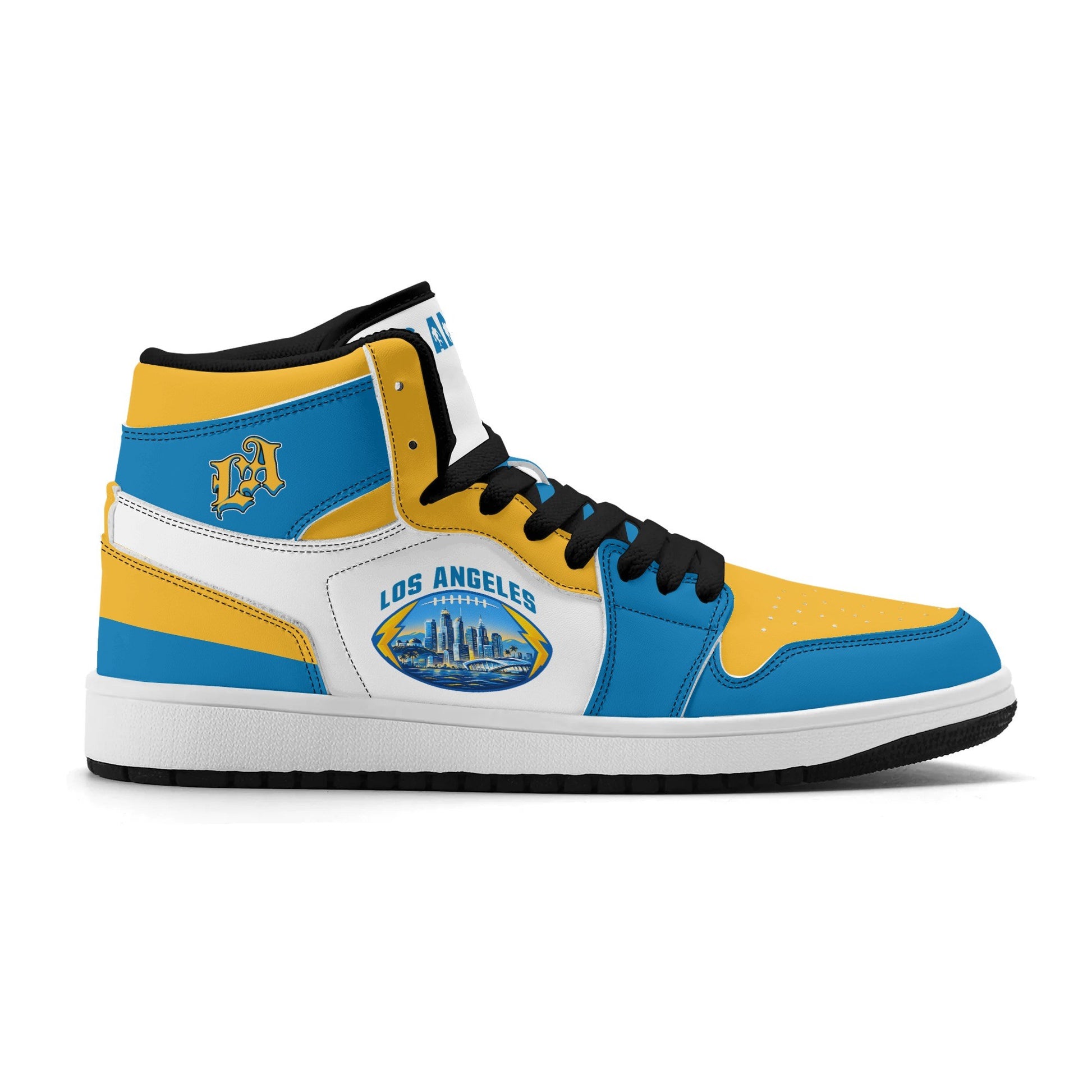 Los Angeles football-inspired Jamrock High top sneakers in blue, gold and white with LA monogram collar and skyline artwork inside a football