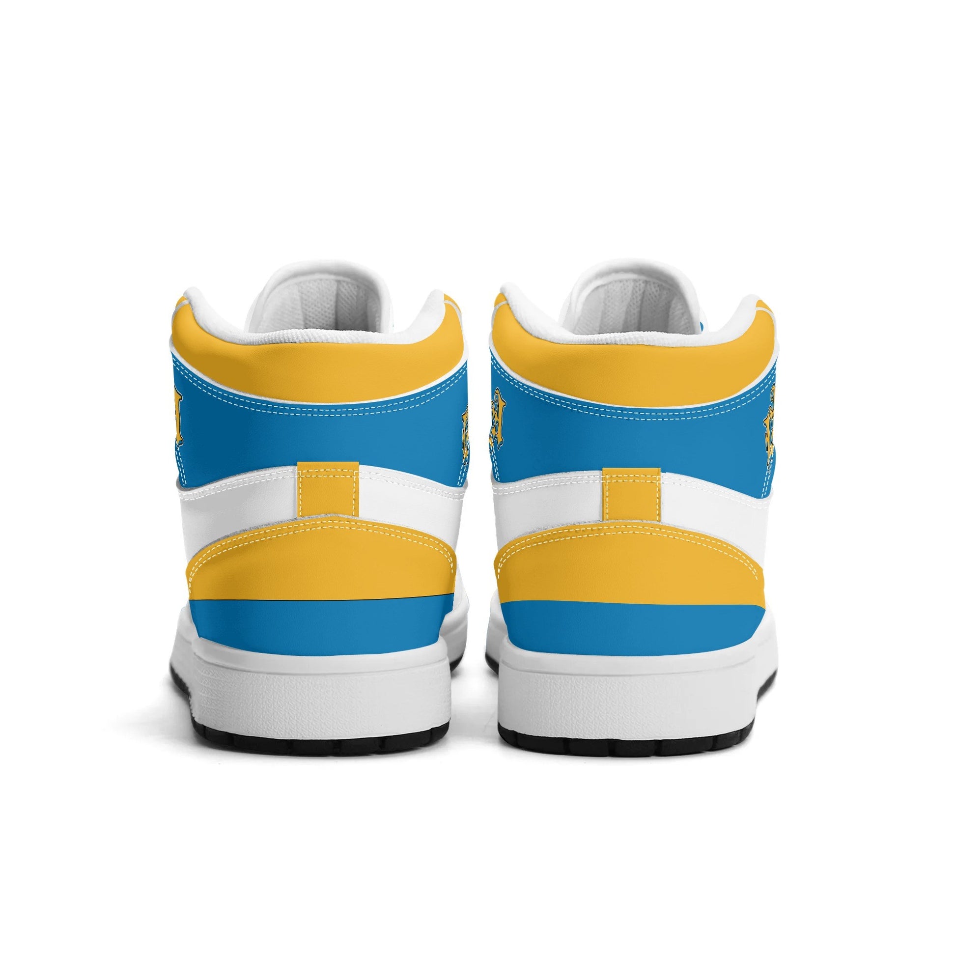 Los Angeles football-inspired Jamrock High top sneakers in blue, gold and white with LA monogram collar and skyline artwork inside a football