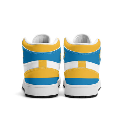 Los Angeles football-inspired Jamrock High top sneakers in blue, gold and white with LA monogram collar and skyline artwork inside a football