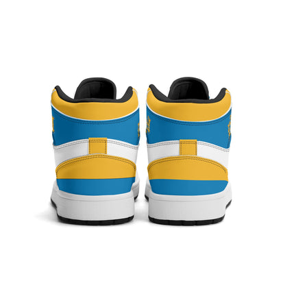 Los Angeles football-inspired Jamrock High top sneakers in blue, gold and white with LA monogram collar and skyline artwork inside a football
