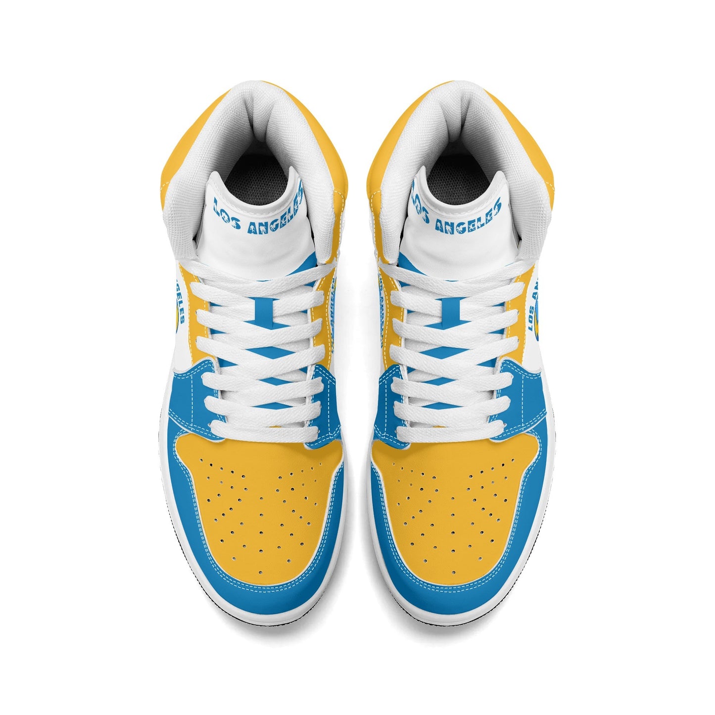 Los Angeles football-inspired Jamrock High top sneakers in blue, gold and white with LA monogram collar and skyline artwork inside a football