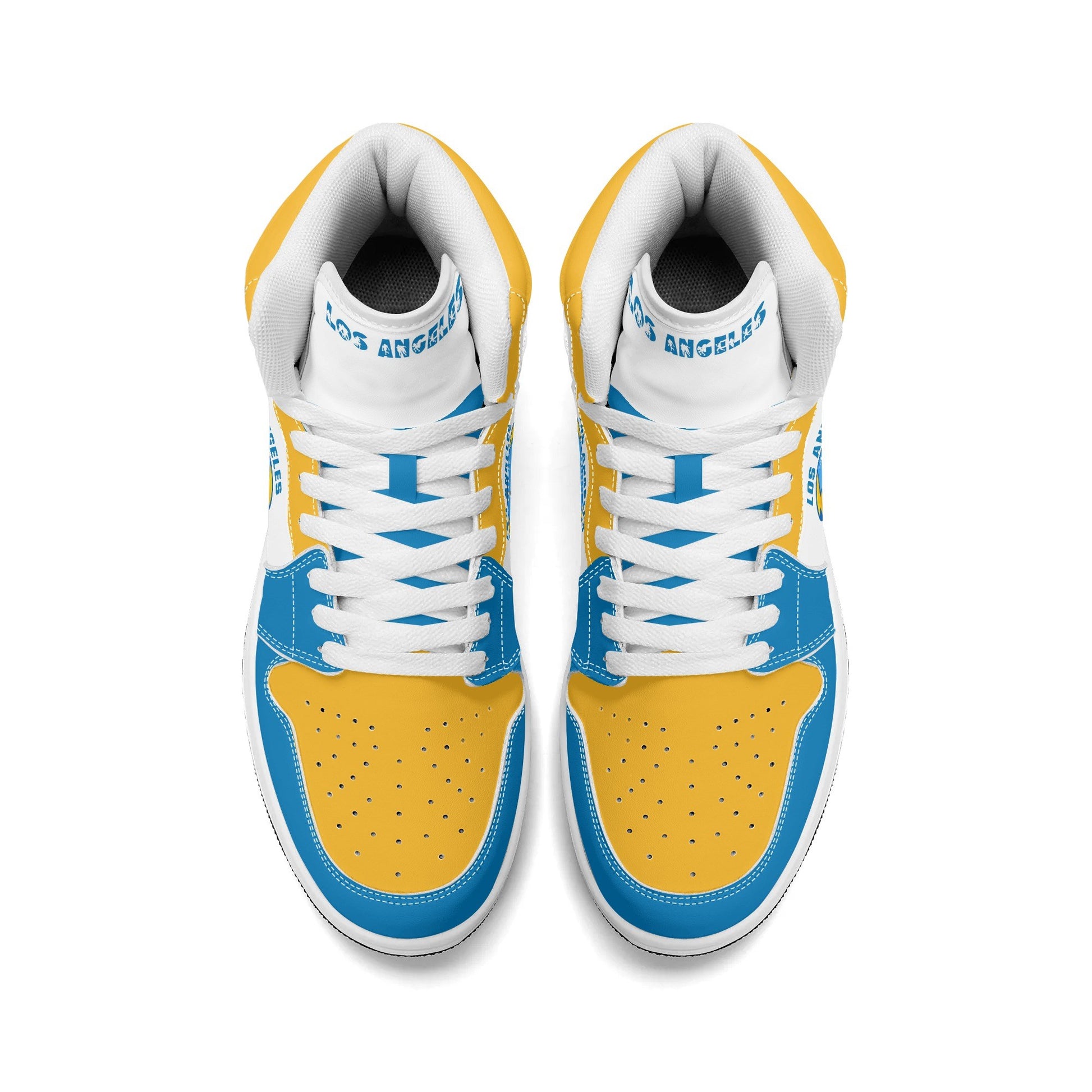Los Angeles football-inspired Jamrock High top sneakers in blue, gold and white with LA monogram collar and skyline artwork inside a football
