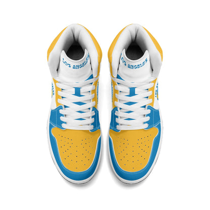 Los Angeles football-inspired Jamrock High top sneakers in blue, gold and white with LA monogram collar and skyline artwork inside a football
