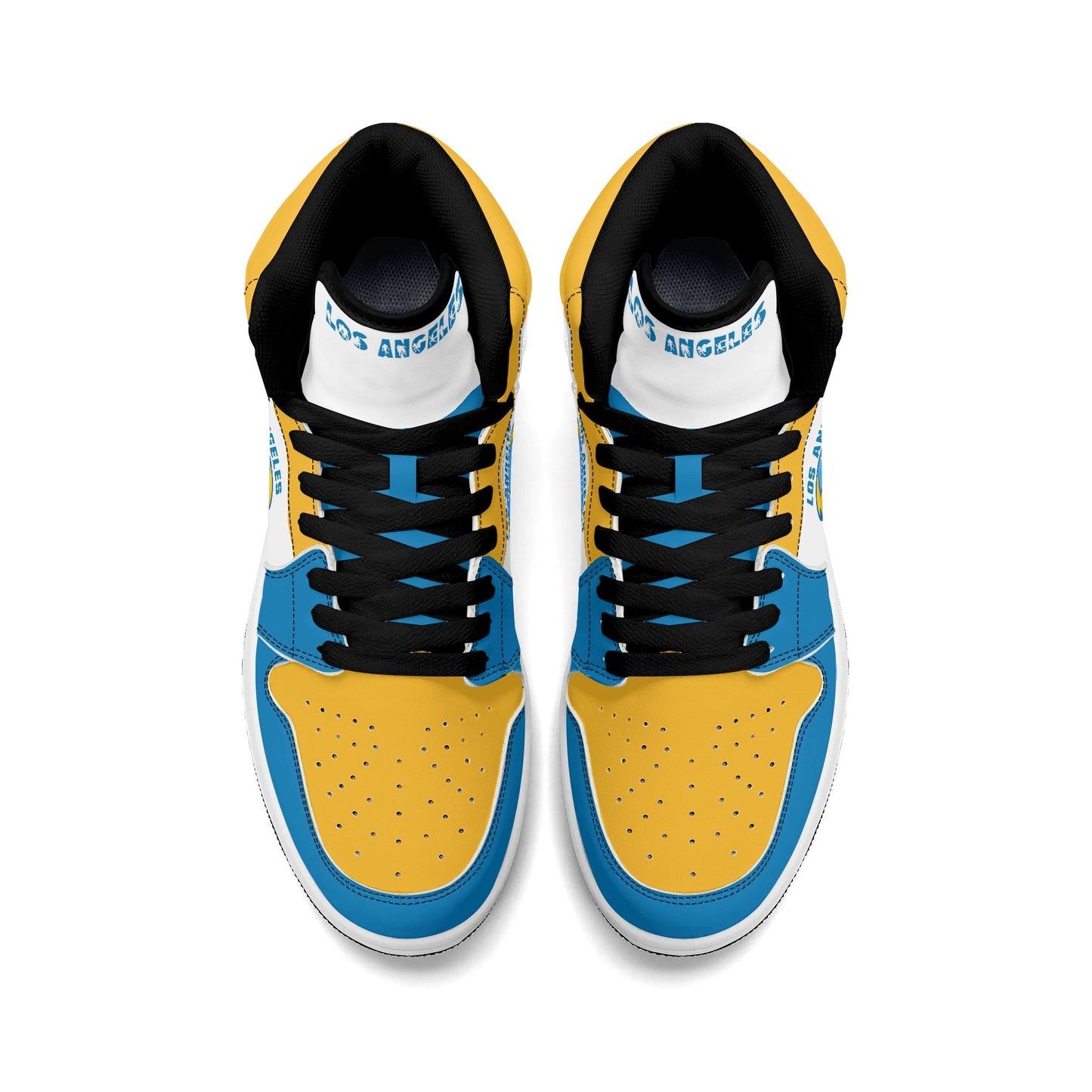 Los Angeles football-inspired Jamrock High top sneakers in blue, gold and white with LA monogram collar and skyline artwork inside a football