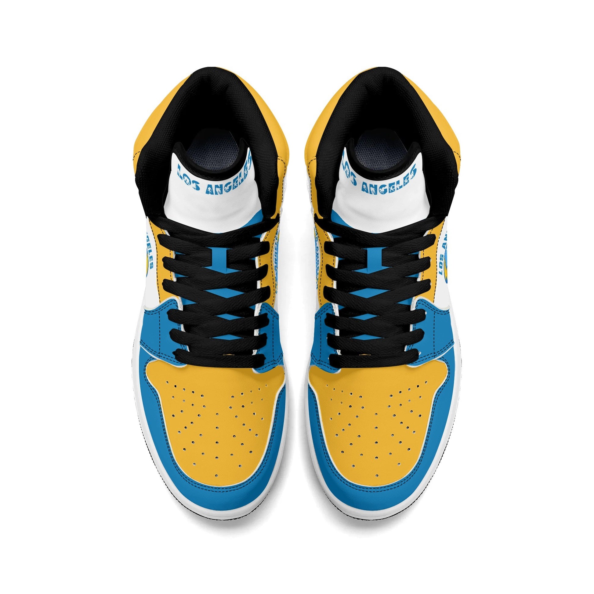 Los Angeles football-inspired Jamrock High top sneakers in blue, gold and white with LA monogram collar and skyline artwork inside a football