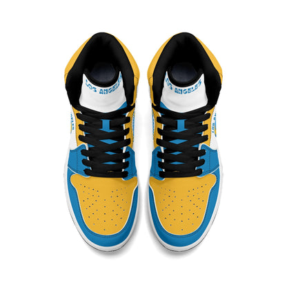 Los Angeles football-inspired Jamrock High top sneakers in blue, gold and white with LA monogram collar and skyline artwork inside a football