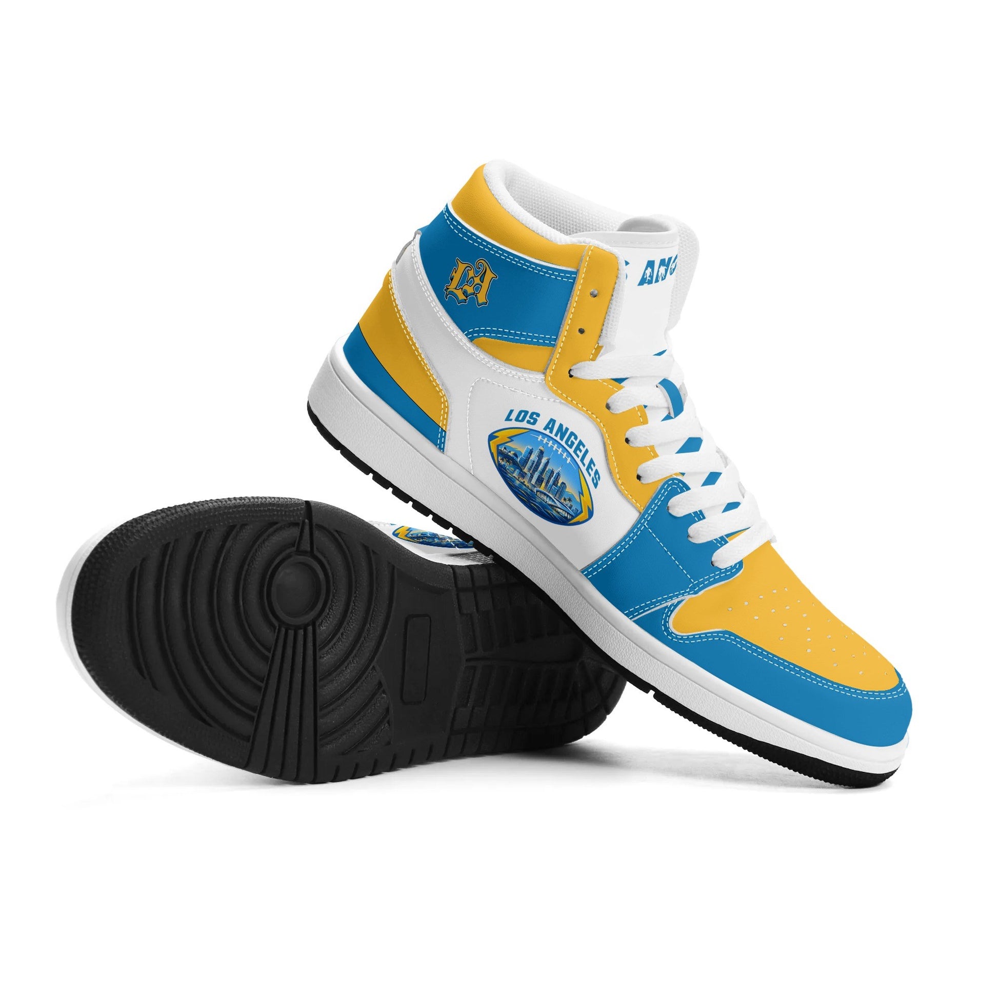 Los Angeles football-inspired Jamrock High top sneakers in blue, gold and white with LA monogram collar and skyline artwork inside a football