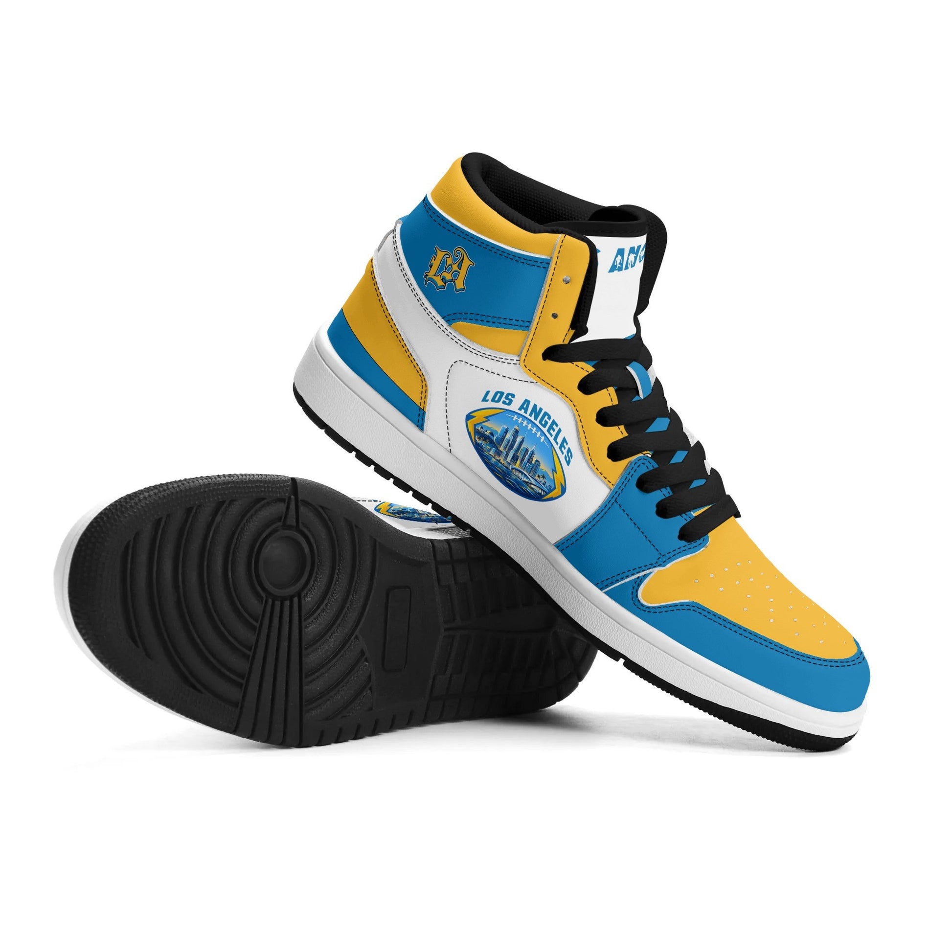 Los Angeles football-inspired Jamrock High top sneakers in blue, gold and white with LA monogram collar and skyline artwork inside a football