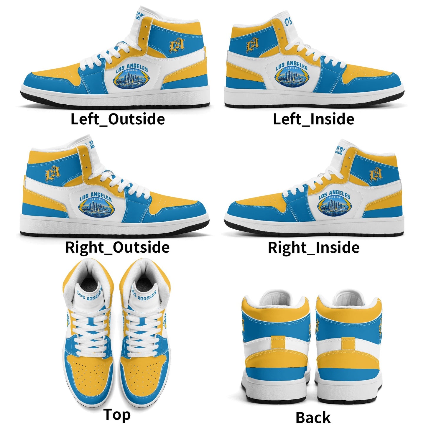 Los Angeles football-inspired Jamrock High top sneakers in blue, gold and white with LA monogram collar and skyline artwork inside a football