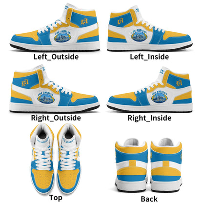 Los Angeles football-inspired Jamrock High top sneakers in blue, gold and white with LA monogram collar and skyline artwork inside a football