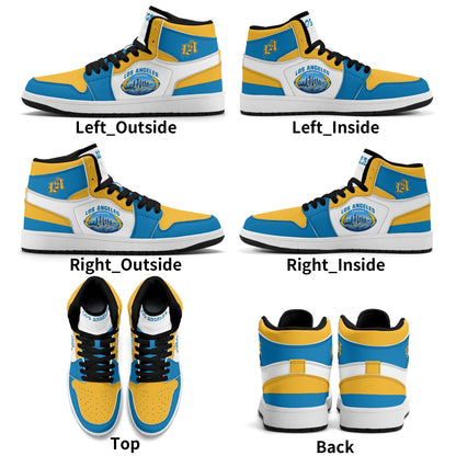 Los Angeles football-inspired Jamrock High top sneakers in blue, gold and white with LA monogram collar and skyline artwork inside a football