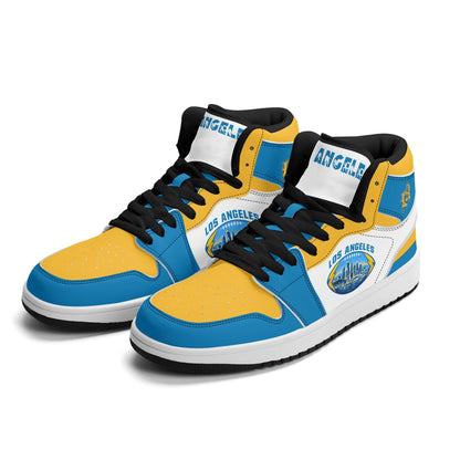 Los Angeles football-inspired Jamrock High top sneakers in blue, gold and white with LA monogram collar and skyline artwork inside a football