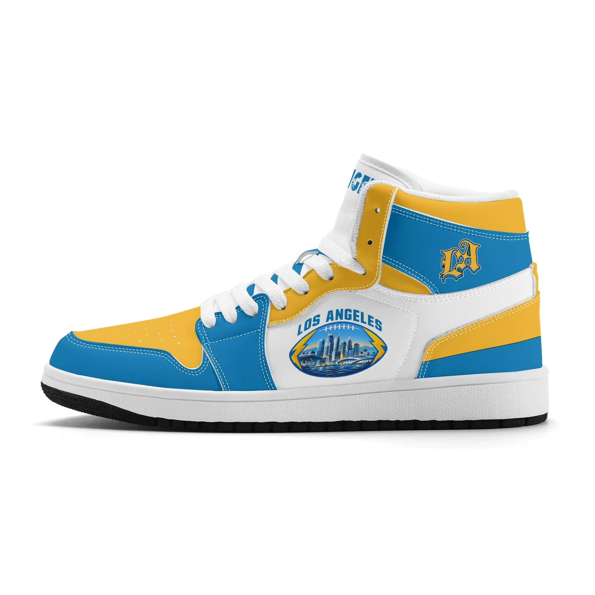Los Angeles football-inspired Jamrock High top sneakers in blue, gold and white with LA monogram collar and skyline artwork inside a football