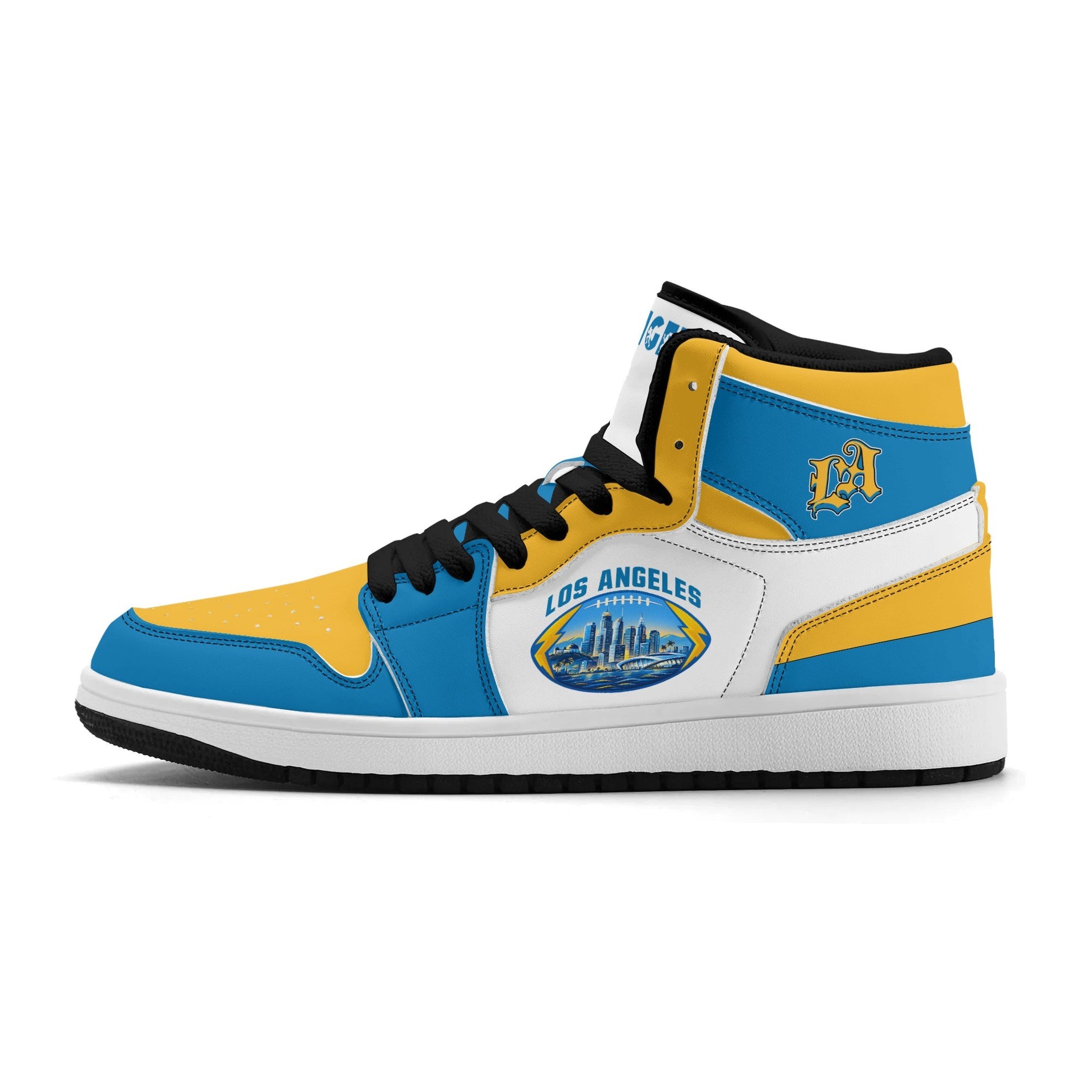 Los Angeles football-inspired Jamrock High top sneakers in blue, gold and white with LA monogram collar and skyline artwork inside a football
