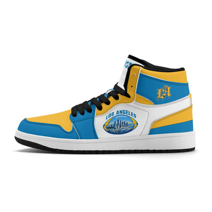 Los Angeles football-inspired Jamrock High top sneakers in blue, gold and white with LA monogram collar and skyline artwork inside a football