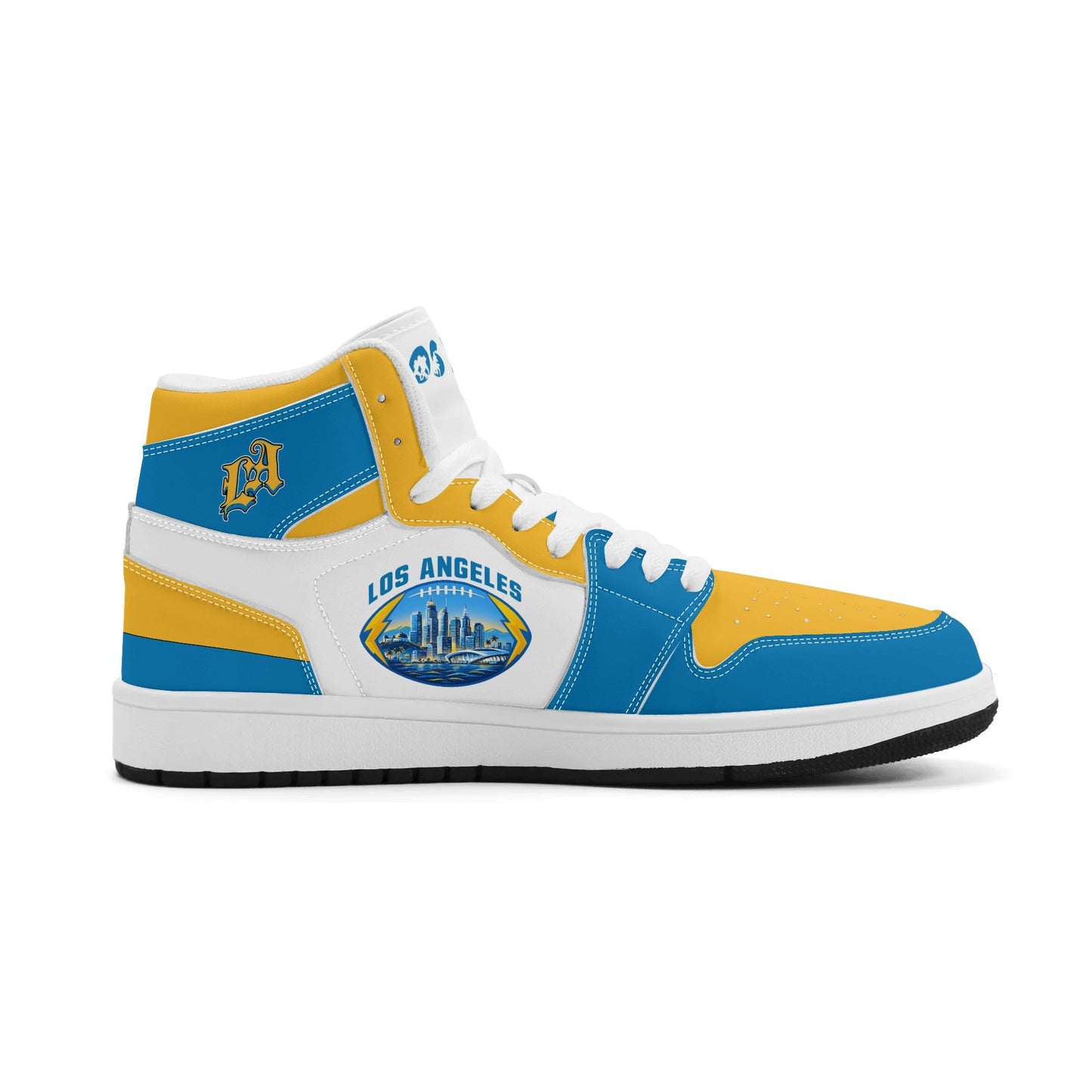 Los Angeles football-inspired Jamrock High top sneakers in blue, gold and white with LA monogram collar and skyline artwork inside a football