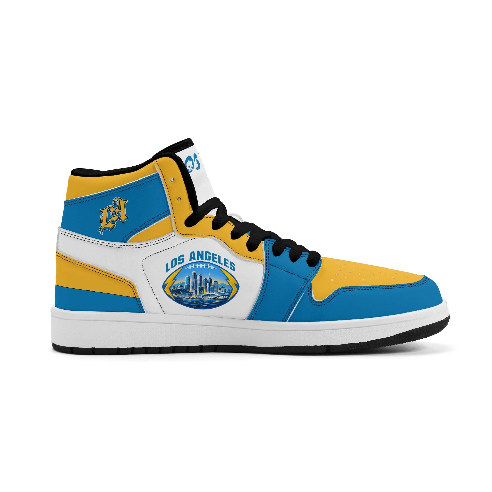 Los Angeles football-inspired Jamrock High top sneakers in blue, gold and white with LA monogram collar and skyline artwork inside a football