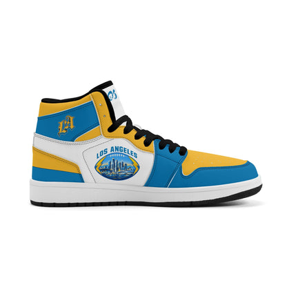 Los Angeles football-inspired Jamrock High top sneakers in blue, gold and white with LA monogram collar and skyline artwork inside a football