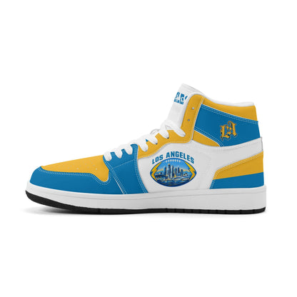 Los Angeles football-inspired Jamrock High top sneakers in blue, gold and white with LA monogram collar and skyline artwork inside a football