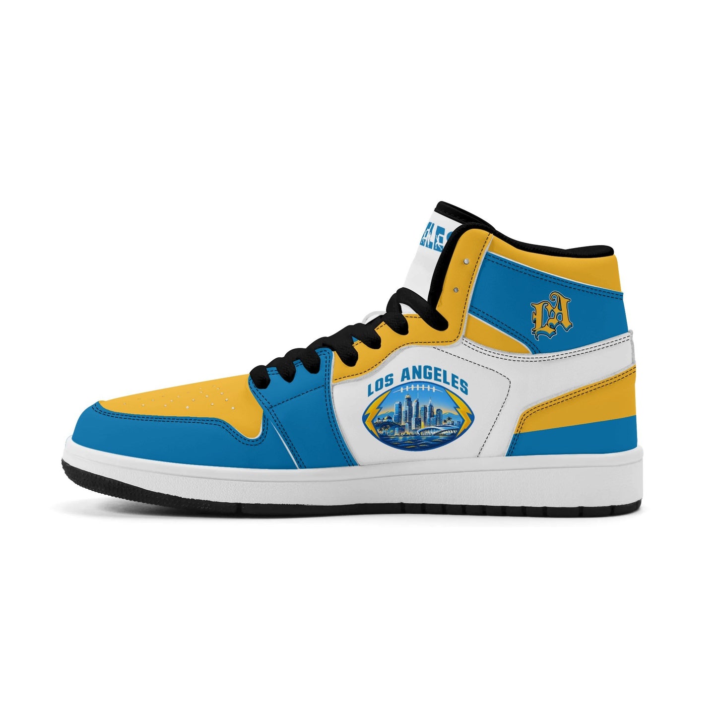 Los Angeles football-inspired Jamrock High top sneakers in blue, gold and white with LA monogram collar and skyline artwork inside a football