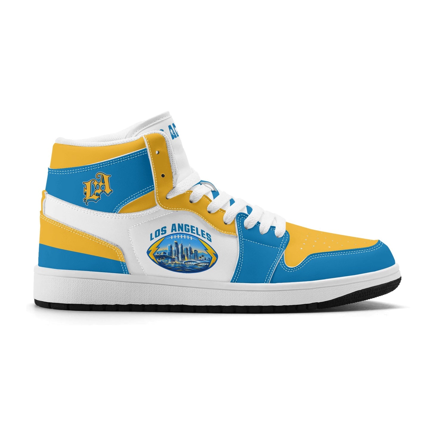 Los Angeles football-inspired Jamrock High top sneakers in blue, gold and white with LA monogram collar and skyline artwork inside a football