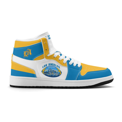 Los Angeles football-inspired Jamrock High top sneakers in blue, gold and white with LA monogram collar and skyline artwork inside a football